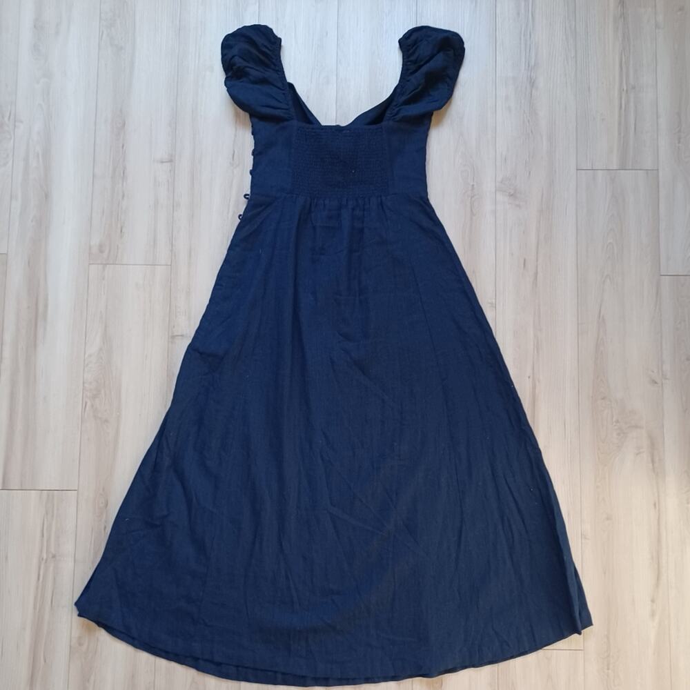 Vici Skylar + Madison Linen Maxi Dress Puff Sleeves Cutout Navy Size M NWT - Picture 5 of 13